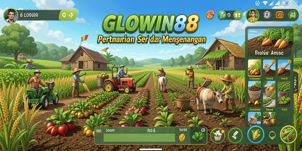 Screenshot utama GLOWIN88 menampilkan petani yang sedang merawat tanaman.