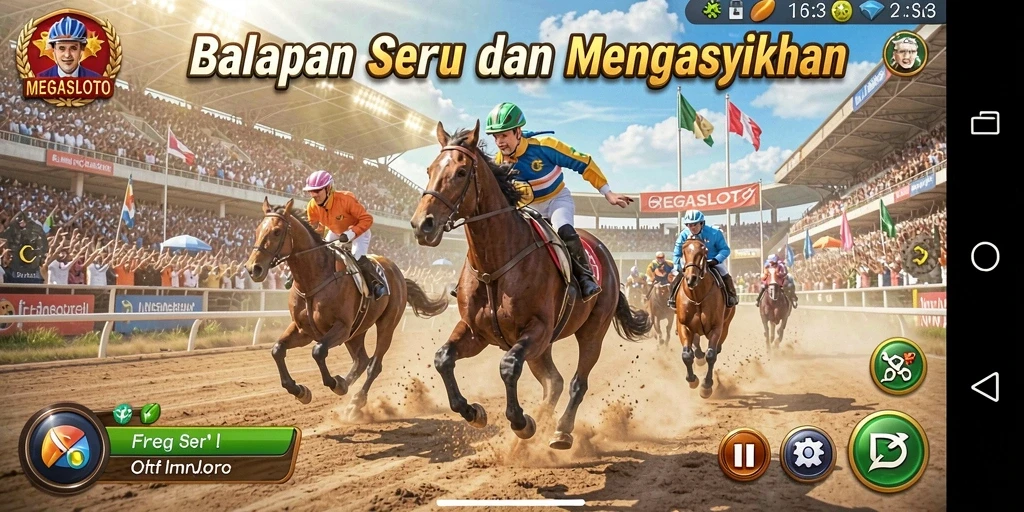 Screenshot gameplay MEGASLOTO menampilkan aksi balapan yang mendebarkan.