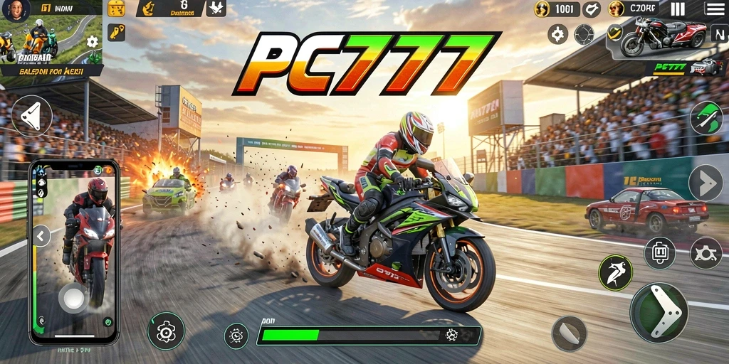Tampilan gameplay seru dari PC777 saat melakukan balapan motor.