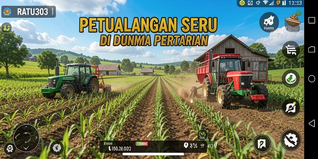 Screenshot gameplay RATU303 yang menampilkan kebun yang subur dan hewan ternak.