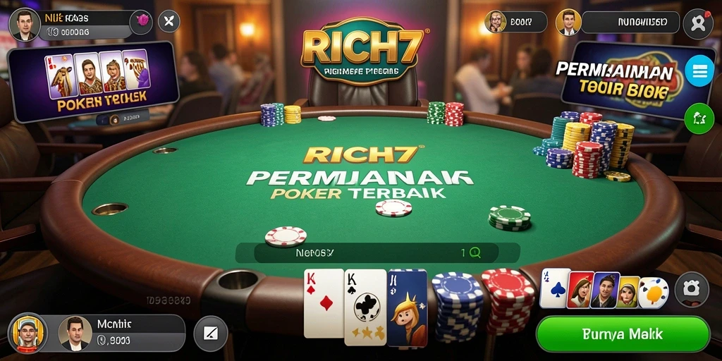 Tampilan gameplay seru di RICH7 dengan meja poker aktif.