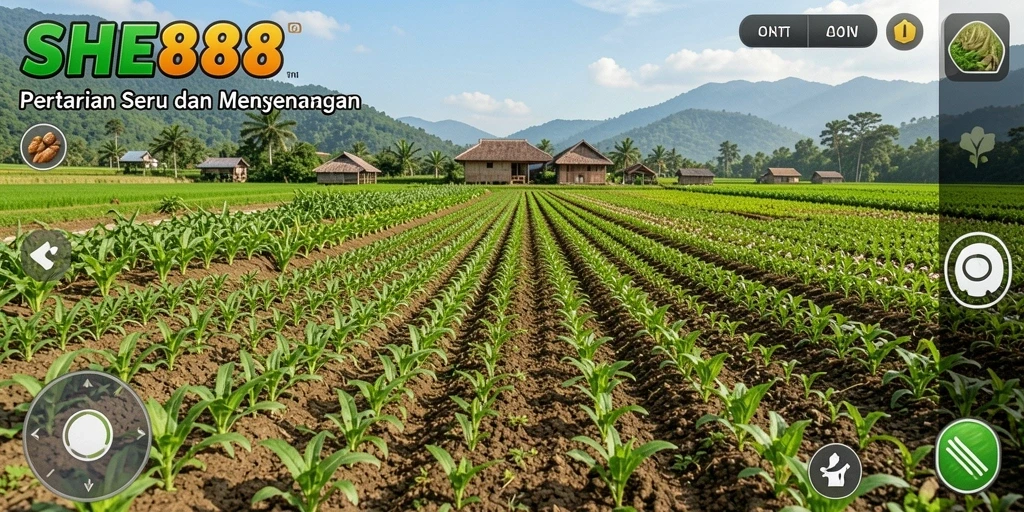 Tampilan gameplay SHE888 yang menampilkan ladang pertanian yang subur.