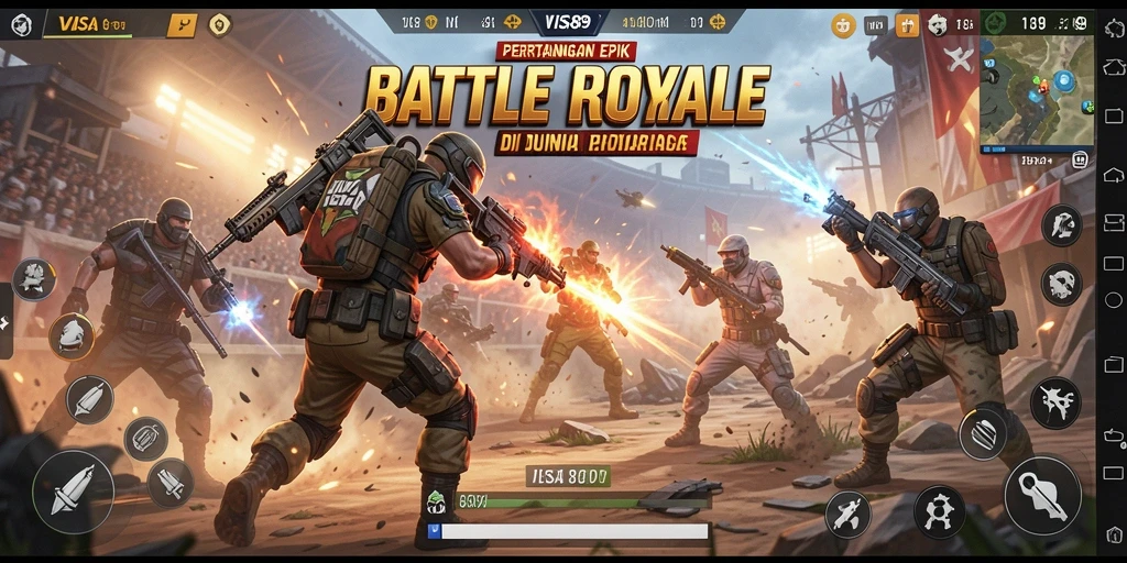 Screenshot menunjukkan pertarungan intens di dunia Battle Royale.